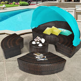 Patio Round Rattan Daybed with Retractable Canopy and Height Adjustable Coffee Table-Turquoise