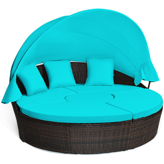 Patio Round Rattan Daybed with Retractable Canopy and Height Adjustable Coffee Table-Turquoise