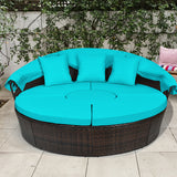 Patio Round Rattan Daybed with Retractable Canopy and Height Adjustable Coffee Table-Turquoise