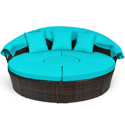 Patio Round Rattan Daybed with Retractable Canopy and Height Adjustable Coffee Table-Turquoise