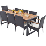 9 Pieces  Patio Rattan Dining Set with Acacia Wood Table for Backyard  Garden-Curved Handrail