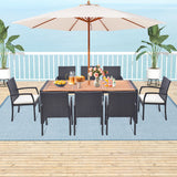 9 Pieces  Patio Rattan Dining Set with Acacia Wood Table for Backyard  Garden-L-shaped Handrail