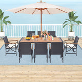 9 Pieces  Patio Rattan Dining Set with Acacia Wood Table for Backyard  Garden-X-side Handrail