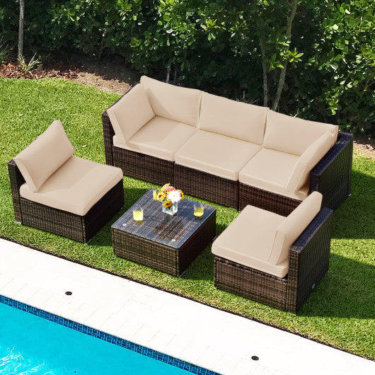 6 Pieces Patio Rattan Furniture Set with Cushions-Brown