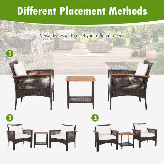 3 Pieces Patio Rattan Furniture Set with Acacia Wood Tabletop