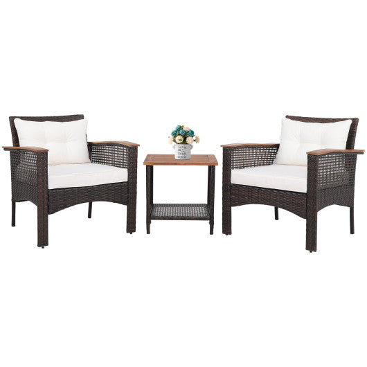 3 Pieces Patio Rattan Furniture Set with Acacia Wood Tabletop