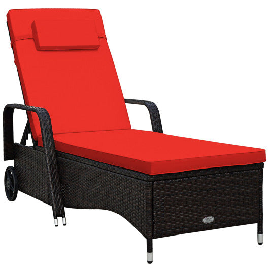 Outdoor Recliner Cushioned Chaise Lounge with Adjustable Backrest-Red & White