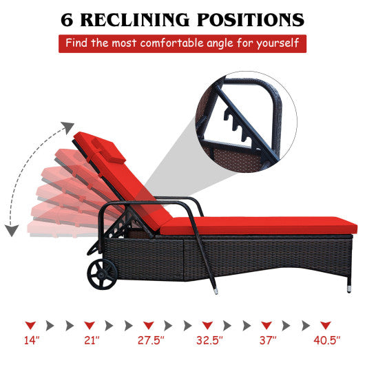 Outdoor Recliner Cushioned Chaise Lounge with Adjustable Backrest-Red & White