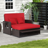 Patio Rattan Daybed with 4-Level Adjustable Backrest and Retractable Side Tray-Red