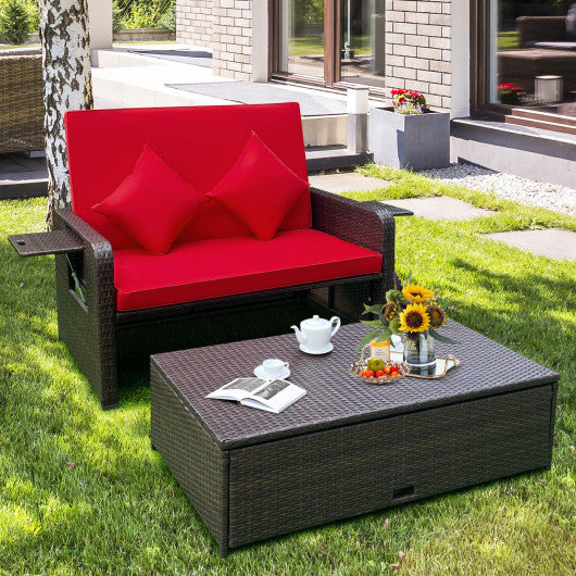 Patio Rattan Daybed with 4-Level Adjustable Backrest and Retractable Side Tray-Red