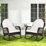 Patio Rattan Rocking Chair with Seat Back Cushions and Waist Pillow-White