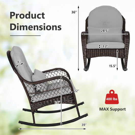 Patio Rattan Rocking Chair with Seat Back Cushions and Waist Pillow-Gray