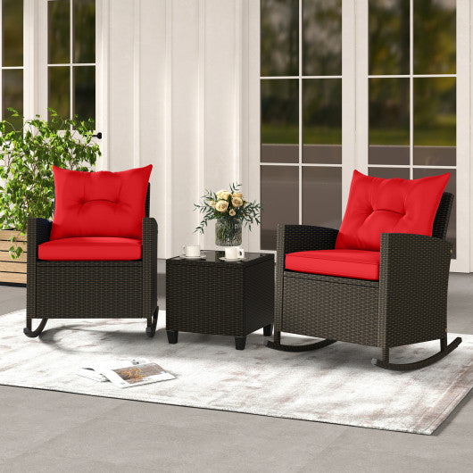 3-Piece Patio Rattan Roker Chairs with Tempered Glass Table and Soft Cushions-Red