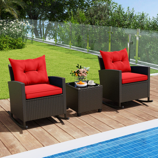 3-Piece Patio Rattan Roker Chairs with Tempered Glass Table and Soft Cushions-Red