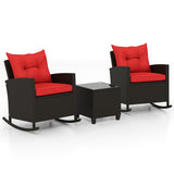 3-Piece Patio Rattan Roker Chairs with Tempered Glass Table and Soft Cushions-Red