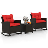 3-Piece Patio Rattan Roker Chairs with Tempered Glass Table and Soft Cushions-Red