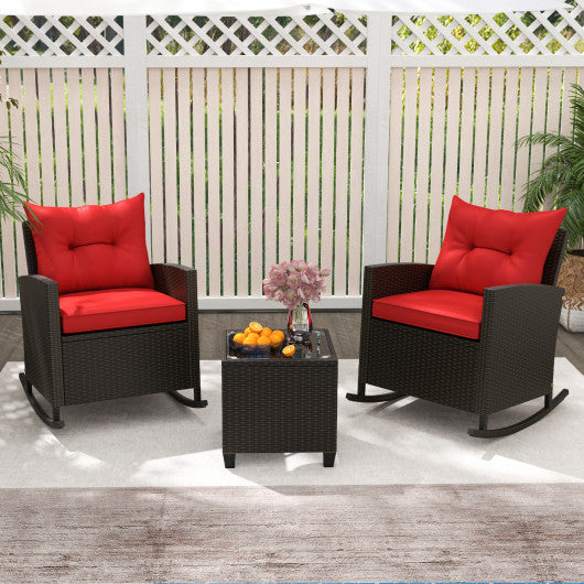 3-Piece Patio Rattan Roker Chairs with Tempered Glass Table and Soft Cushions-Red