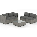 5-Piece Outdoor Patio Sectional Sofa Couch and Glass Coffee Table with Cushions-Gray
