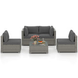 5-Piece Outdoor Patio Sectional Sofa Couch and Glass Coffee Table with Cushions-Gray