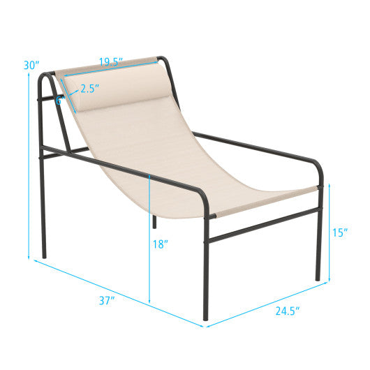 Patio Sling Lounge Chair with Removable Headrest Pillow and Metal Frame-Beige