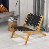 Indoor Patio Teak Wooden Chair with Woven Webbing Seat and Backrest