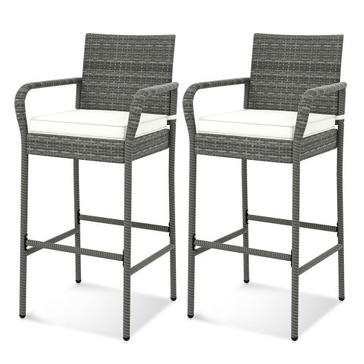 Patio Wicker Barstools with Armrests and Soft Cushions for Porch Backyard Set of 2