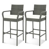 Patio Wicker Barstools with Armrests and Soft Cushions for Porch Backyard Set of 2