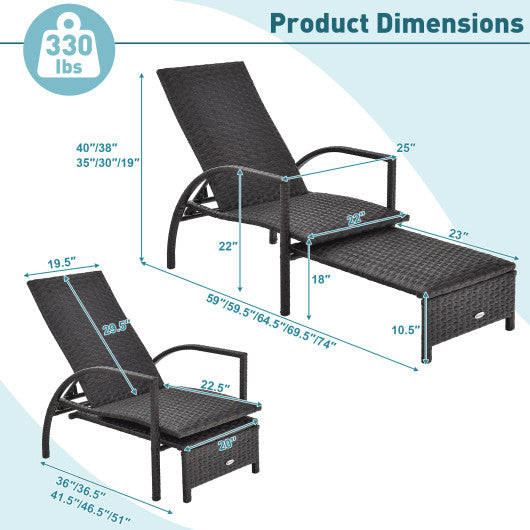 Patio Chaise Lounge Outdoor Rattan Lounge Chair with Retractable Ottoman