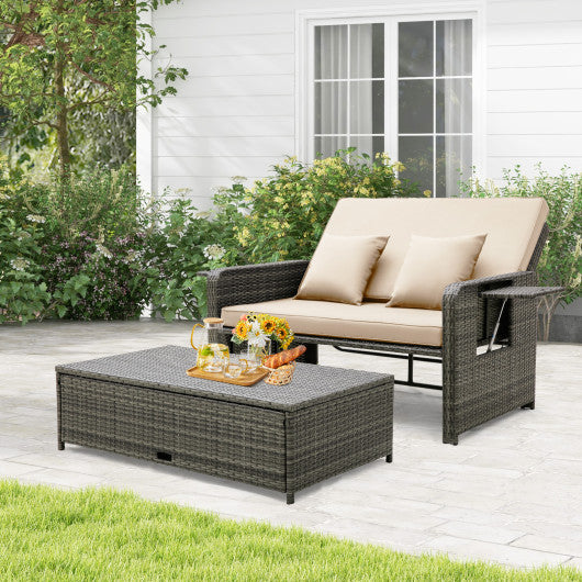 Patio Wicker Loveseat Sofa with Multipurpose Ottoman and Retractable Side Tray-Beige
