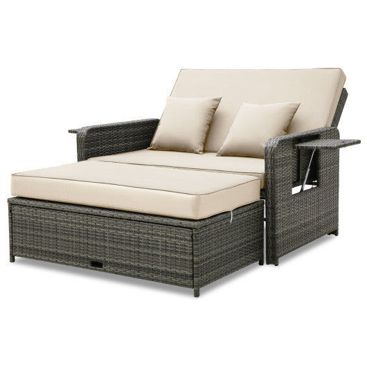 Patio Wicker Loveseat Sofa with Multipurpose Ottoman and Retractable Side Tray-Beige