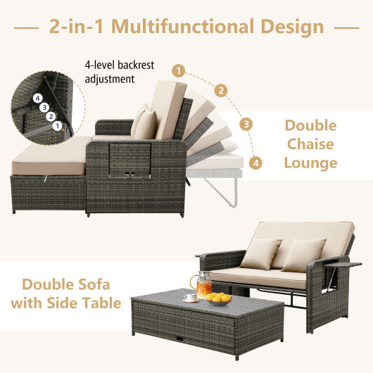 Patio Wicker Loveseat Sofa with Multipurpose Ottoman and Retractable Side Tray-Beige