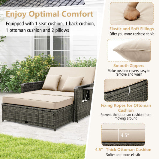 Patio Wicker Loveseat Sofa with Multipurpose Ottoman and Retractable Side Tray-Beige