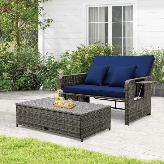 Patio Wicker Loveseat Sofa with Multipurpose Ottoman and Retractable Side Tray-Navy
