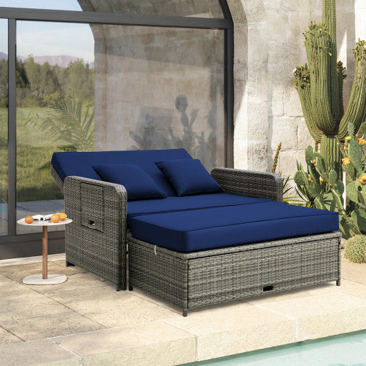 Patio Wicker Loveseat Sofa with Multipurpose Ottoman and Retractable Side Tray-Navy