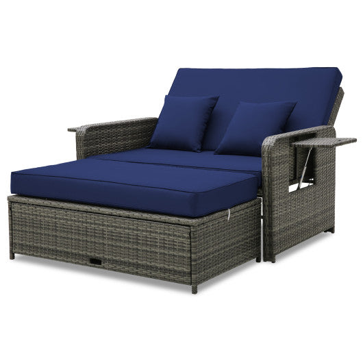 Patio Wicker Loveseat Sofa with Multipurpose Ottoman and Retractable Side Tray-Navy