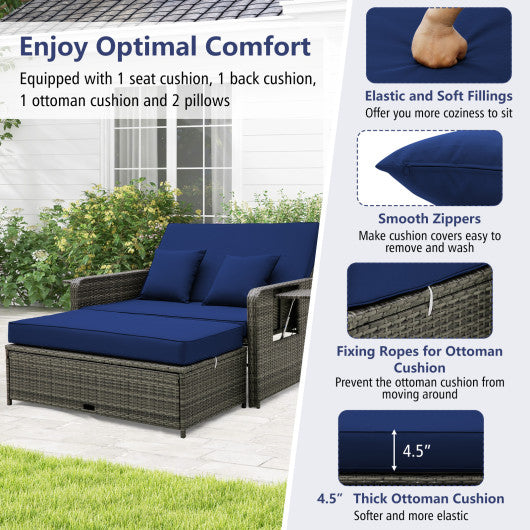 Patio Wicker Loveseat Sofa with Multipurpose Ottoman and Retractable Side Tray-Navy