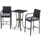 3-Piece Patio Wicker Rattan Bar Height Chairs and Square Table Set-Black