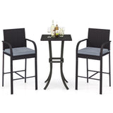 3-Piece Patio Wicker Rattan Bar Height Chairs and Square Table Set-Black