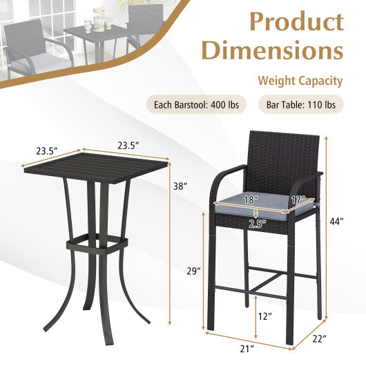 3-Piece Patio Wicker Rattan Bar Height Chairs and Square Table Set-Black