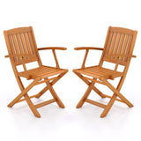 Patio Wood Folding Chair Set of 2 with Armrests and Slatted Seat