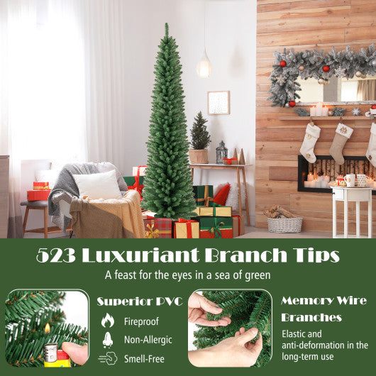 Pencil Christmas Tree with Memory Wire Branch Tips and Warm  LED Lights-7FT