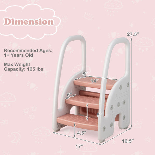3-Step Stool with Safety Handles and Non-slip Pedals for Toddlers-Pink