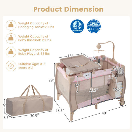 Portable Baby Playard with Changing Table Bassinet and Music Box-Pink