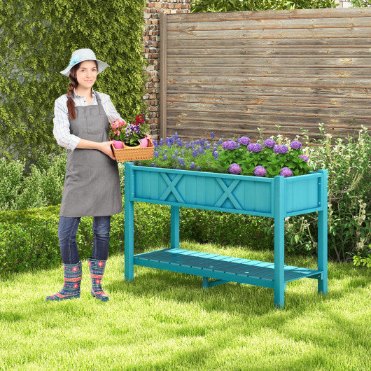 Poly Wood Elevated Planter Box with Legs Storage Shelf Drainage Holes-Blue