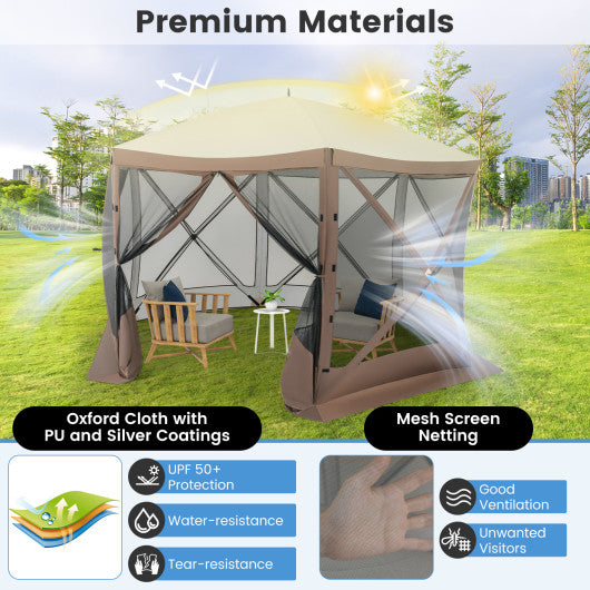 Pop-up Gazebo 6-sided Instant Setup Screen House Hub Tent with Mesh Netting Walls-Coffee