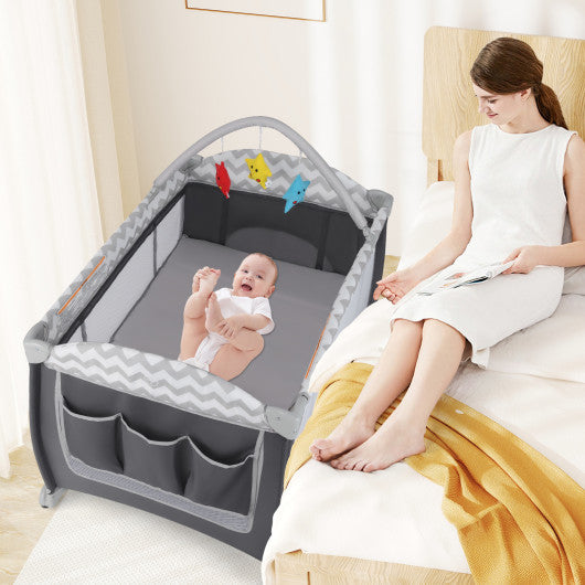 3-in-1 Portable Baby Playard with Zippered Door and Toy Bar-Gray