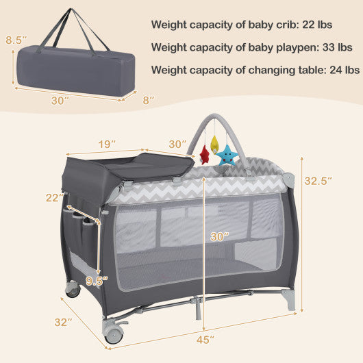 3-in-1 Portable Baby Playard with Zippered Door and Toy Bar-Gray