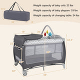 3-in-1 Portable Baby Playard with Zippered Door and Toy Bar-Gray