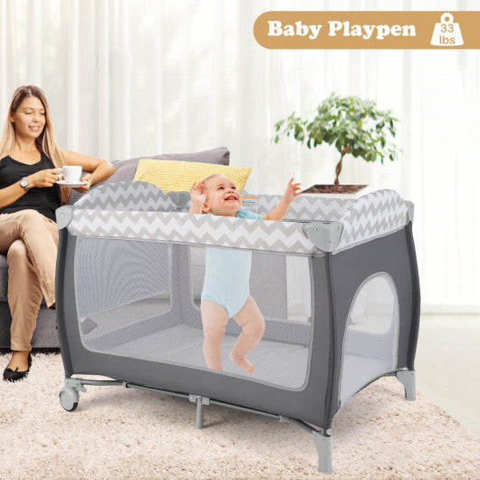 3-in-1 Portable Baby Playard with Zippered Door and Toy Bar-Gray