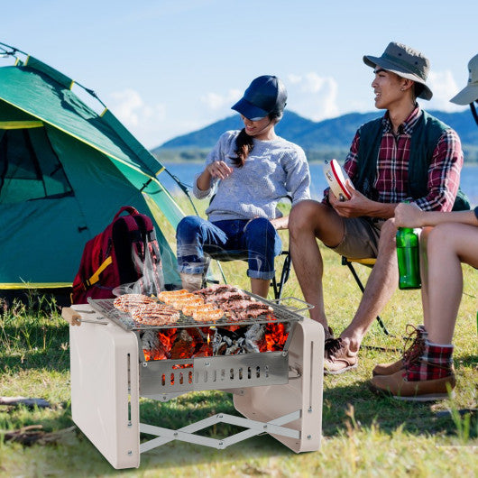 Folding Charcoal BBQ Grill with Dishwasher-safe Grill Grids and Charcoal Box-Beige